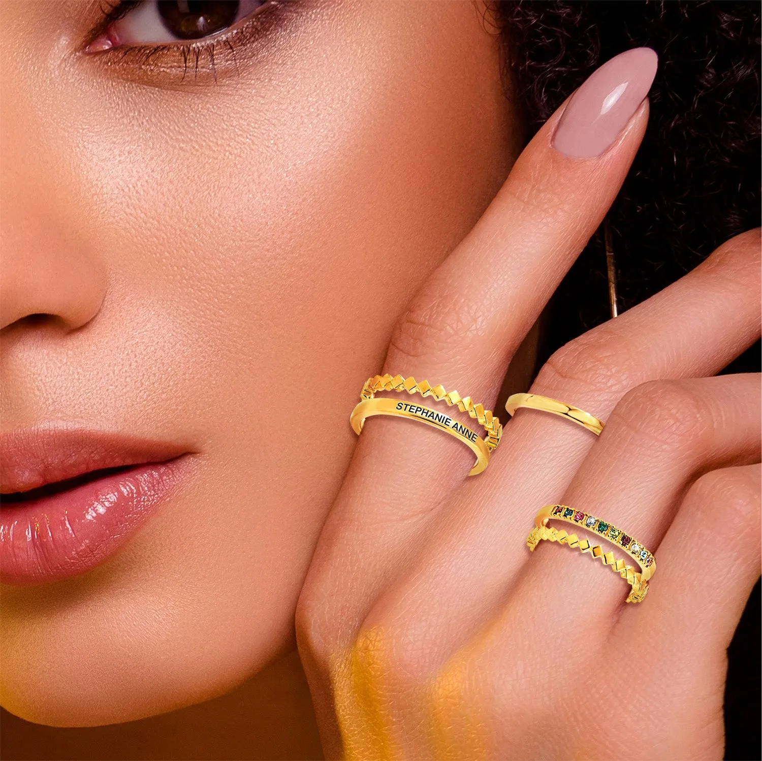 Gold Plated Personalized Family Birthstone Stackable 5 Ring Set sold by Limoges Jewelry product image thumbnail 2