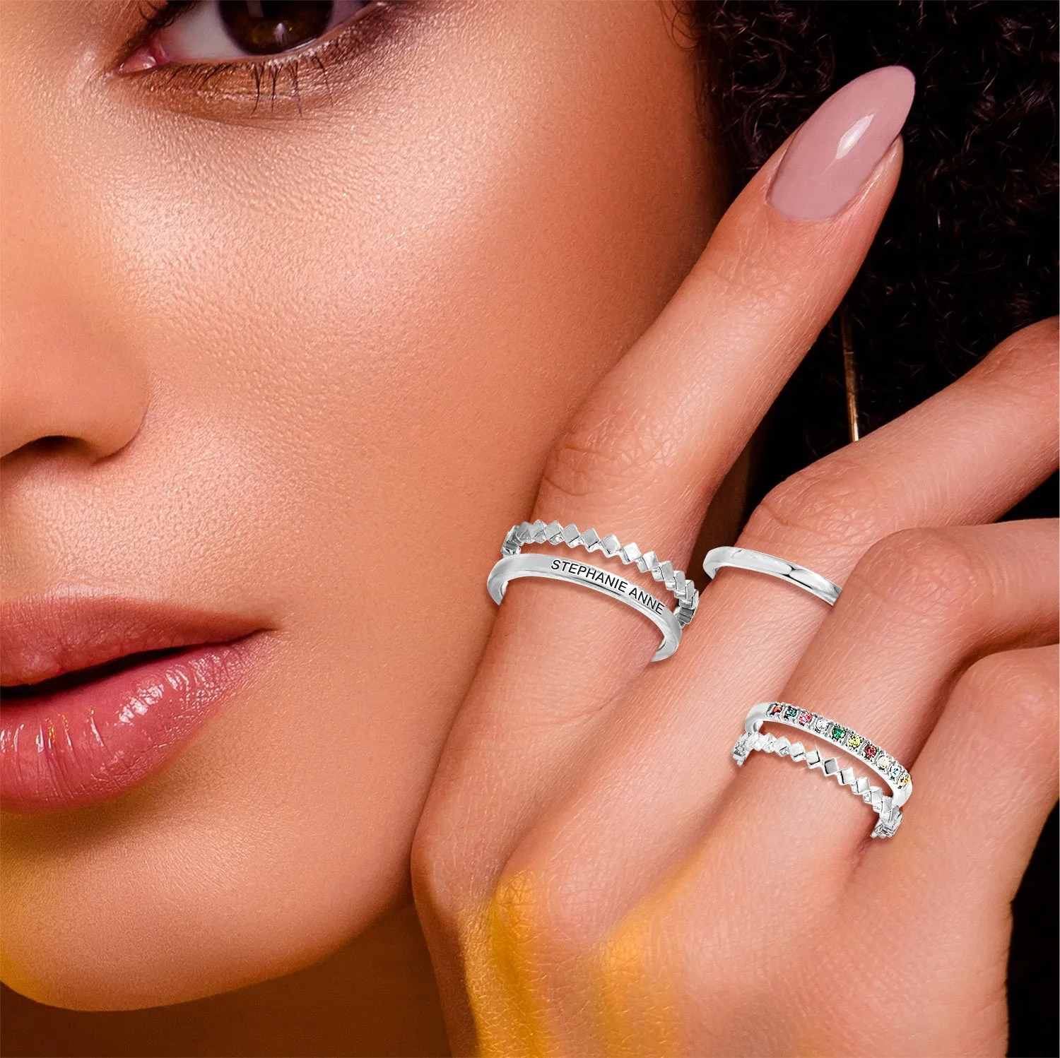 Silver Plated Personalized Family Birthstone Stackable 5 Ring Set sold by Limoges Jewelry product image thumbnail 2