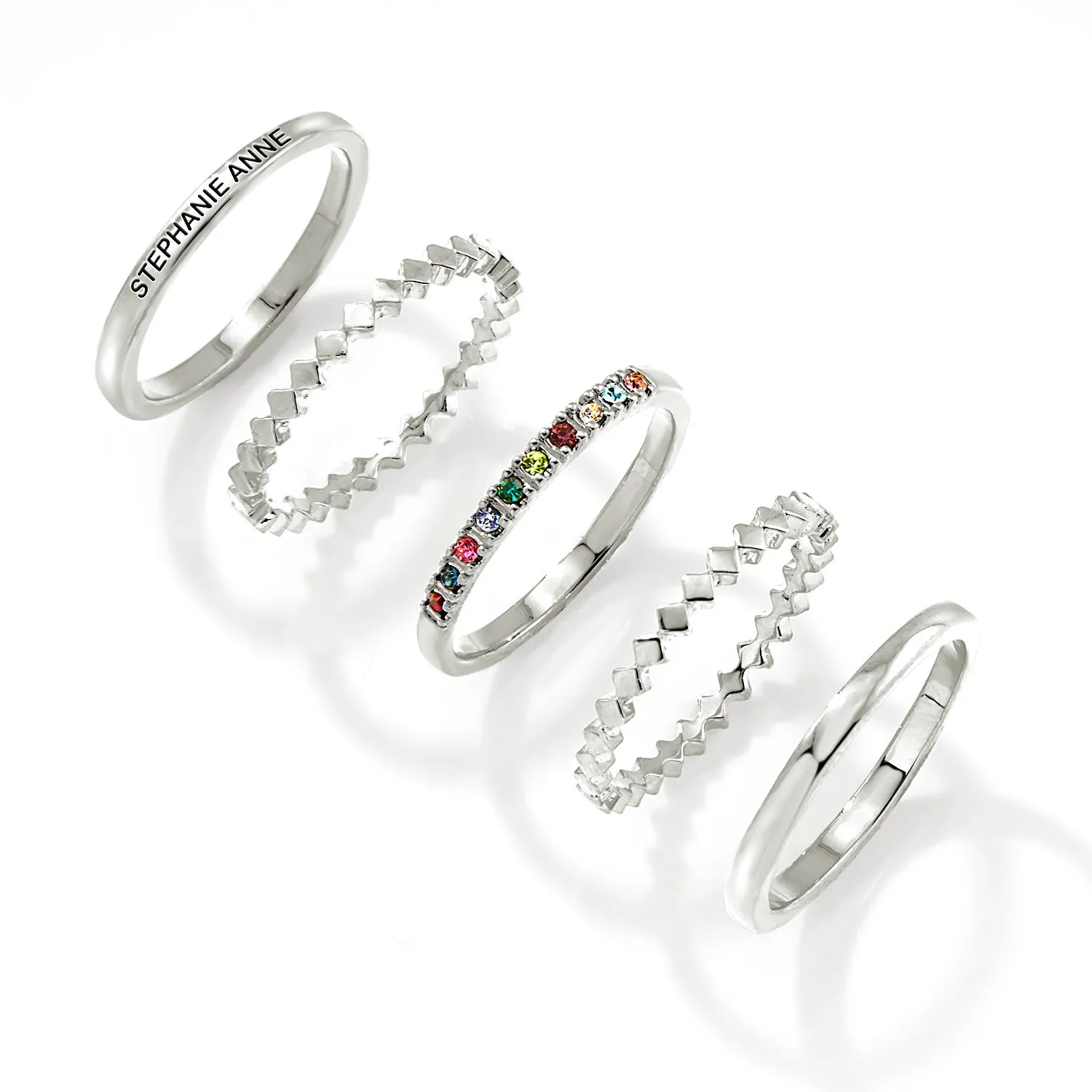 Silver Plated Personalized Family Birthstone Stackable 5 Ring Set sold by Limoges Jewelry product image thumbnail 3