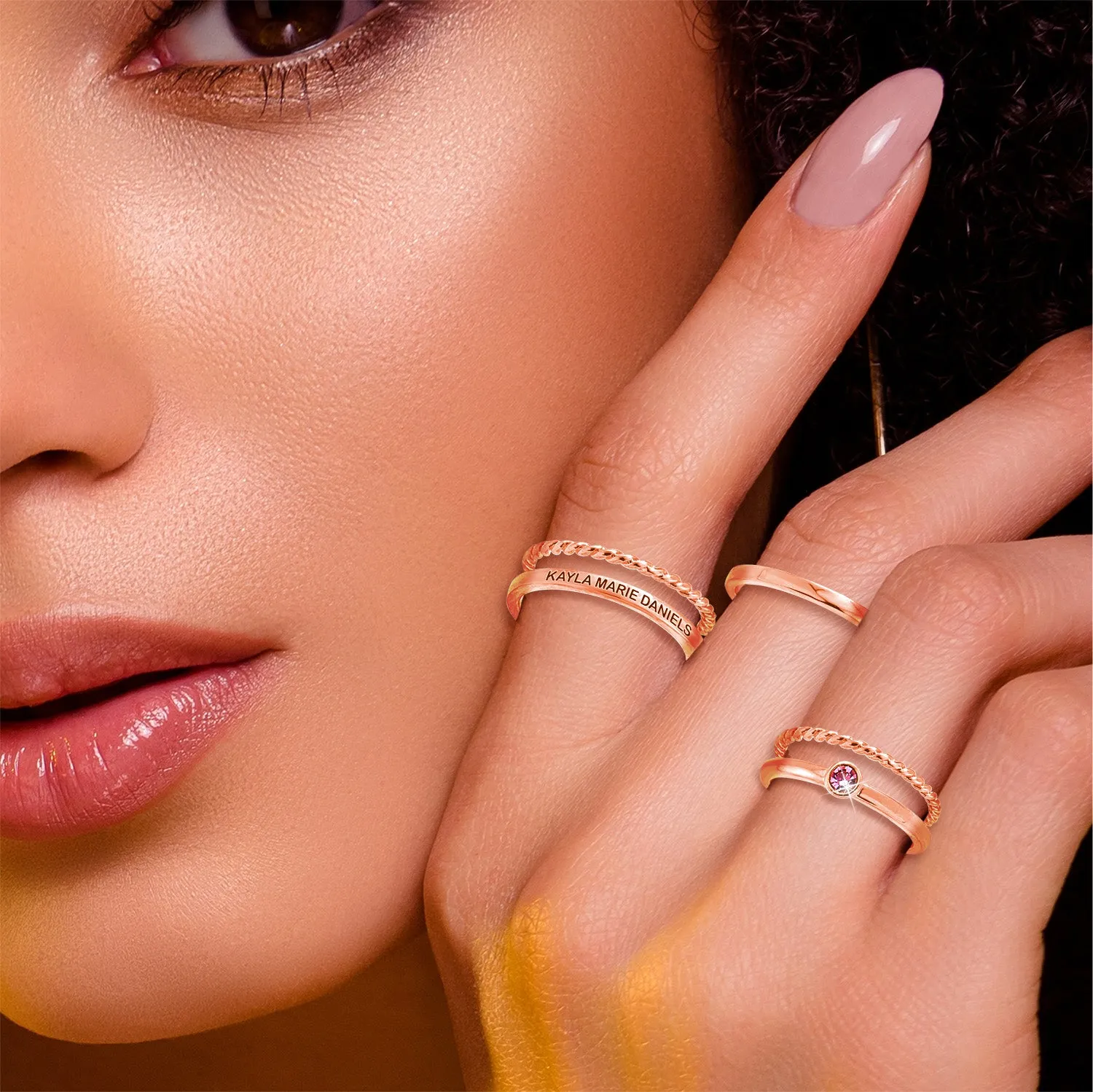 Rose Gold Plated Engraved Birthstone Roped Stackable 5 Ring Set sold by Limoges Jewelry product image thumbnail 2