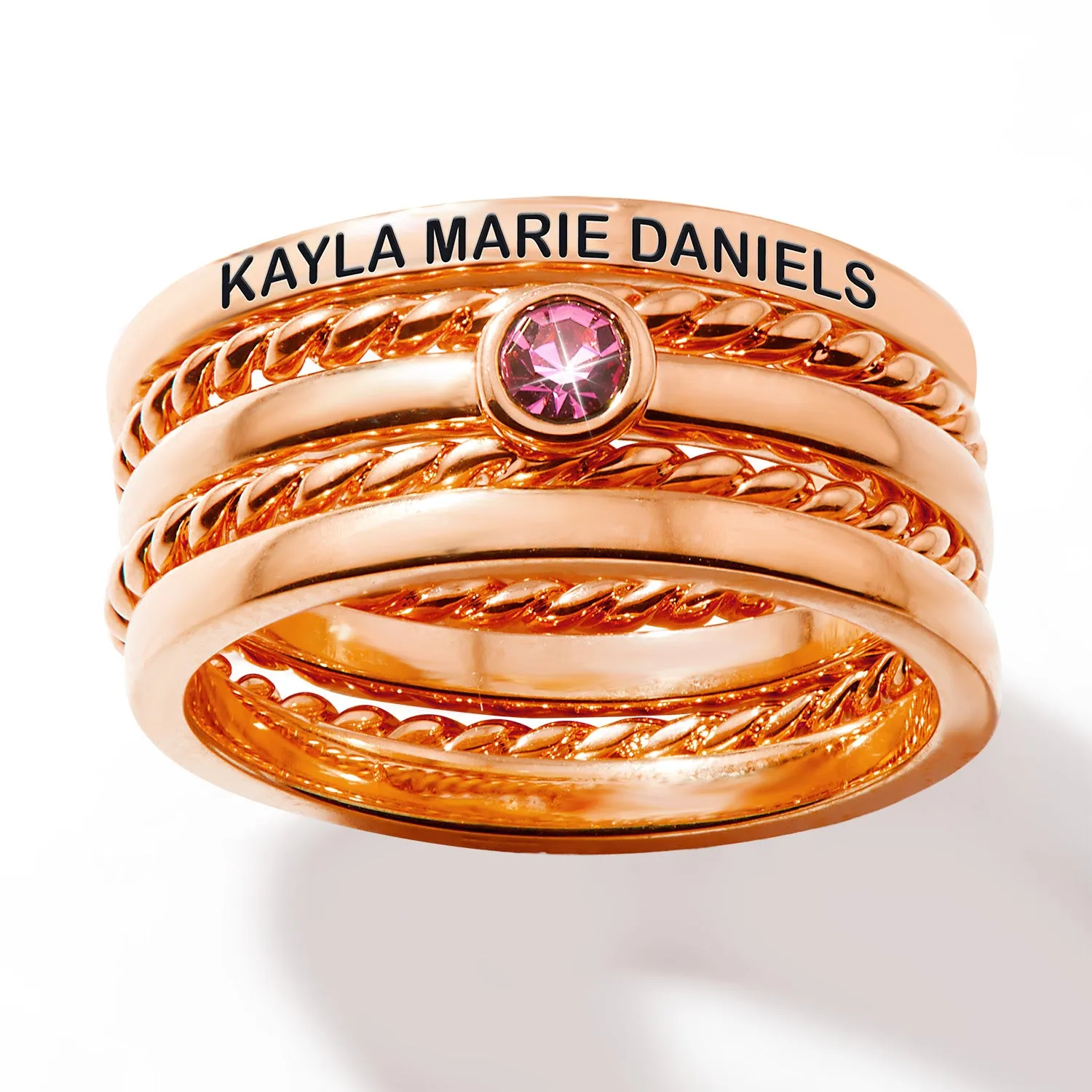 Rose Gold Plated Engraved Birthstone Roped Stackable 5 Ring Set sold by Limoges Jewelry