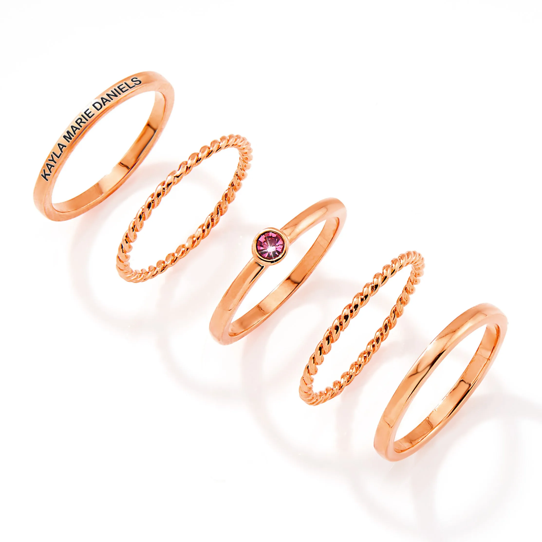 Rose Gold Plated Engraved Birthstone Roped Stackable 5 Ring Set sold by Limoges Jewelry product image thumbnail 3