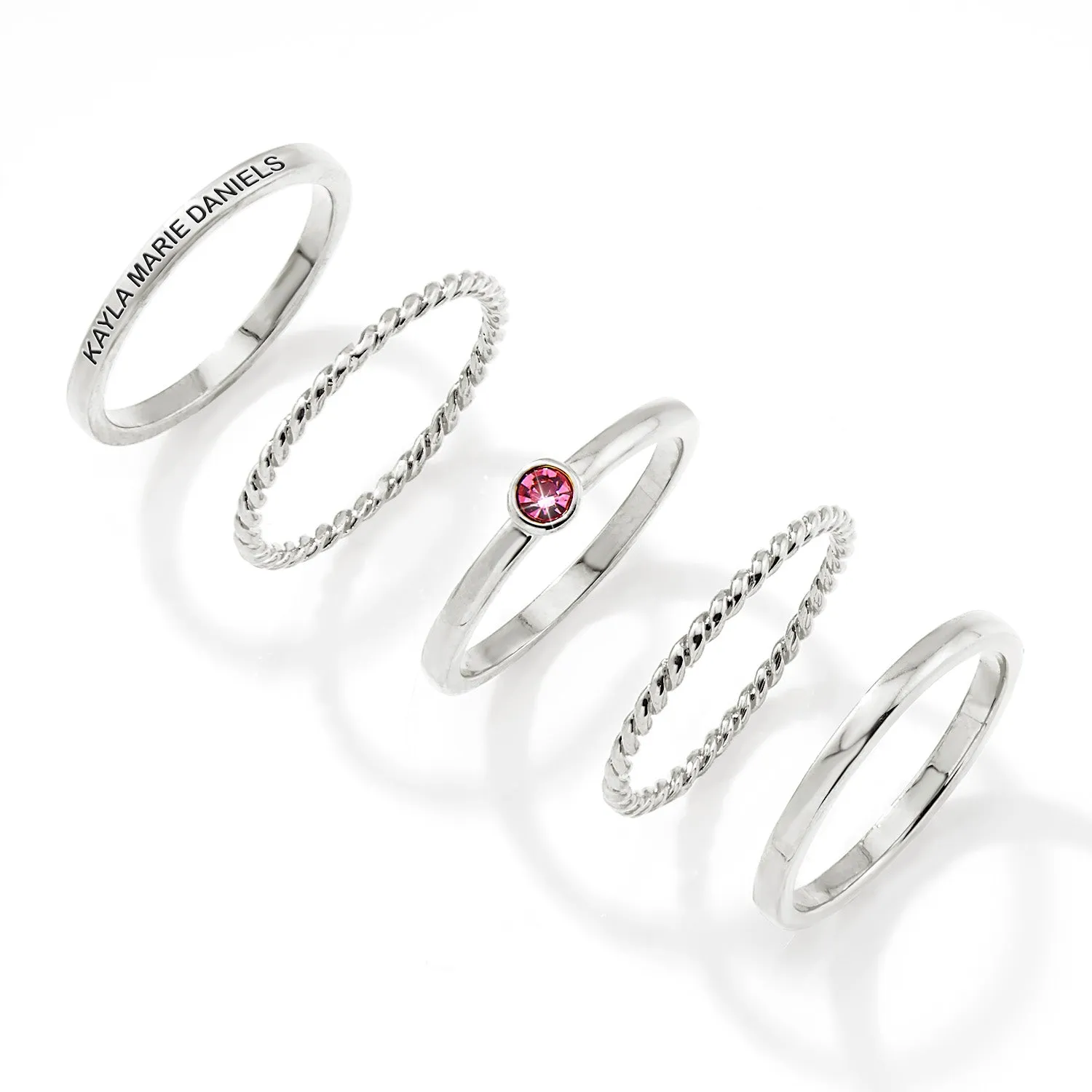 Silver Plated Engraved Birthstone Roped Stackable 5 Ring Set sold by Limoges Jewelry product image thumbnail 3