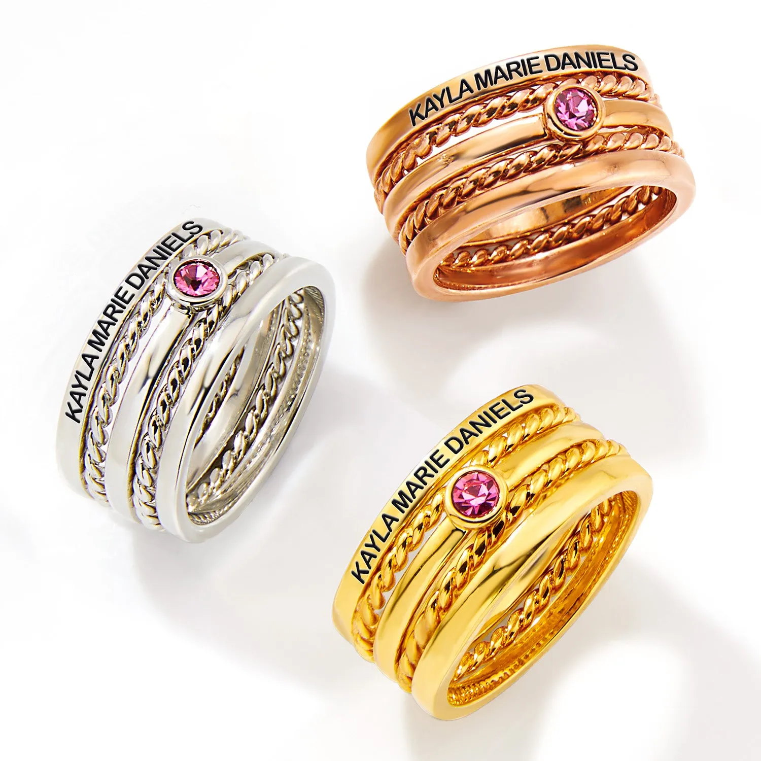 Silver Plated Engraved Birthstone Roped Stackable 5 Ring Set sold by Limoges Jewelry product image thumbnail 4