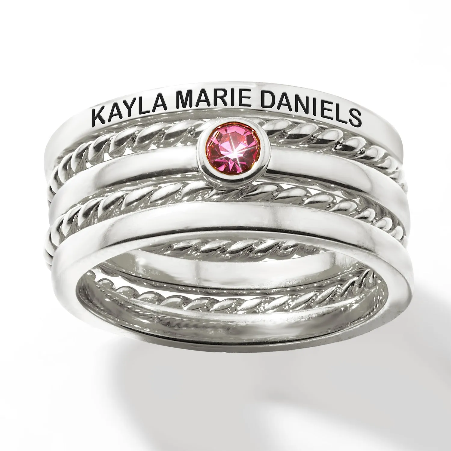 Silver Plated Engraved Birthstone Roped Stackable 5 Ring Set sold by Limoges Jewelry