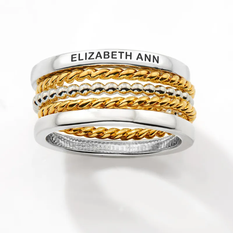 Two-Tone Silver and Gold Plated Personalized Roped Stackable 5 Ring Set sold by Limoges Jewelry