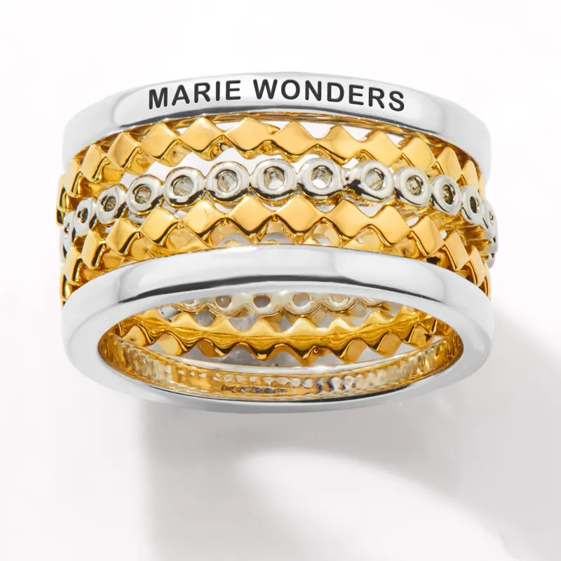 Two-Tone Silver and Gold Plated Personalized Geometric Stackable 5 Ring Set sold by Limoges Jewelry