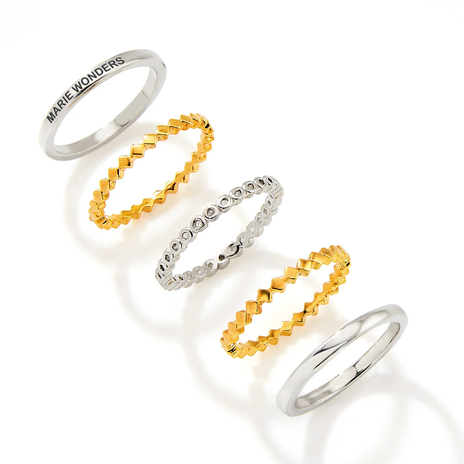 Two-Tone Silver and Gold Plated Personalized Geometric Stackable 5 Ring Set sold by Limoges Jewelry product image thumbnail 3