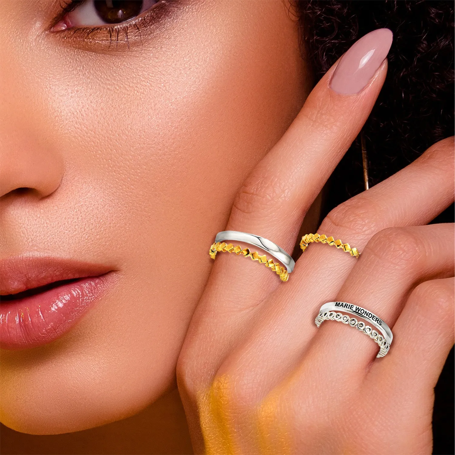 Two-Tone Silver and Gold Plated Personalized Geometric Stackable 5 Ring Set sold by Limoges Jewelry product image thumbnail 2