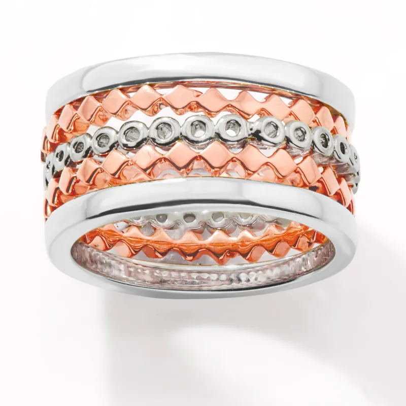 Two-Tone Silver and Rose Gold Plated Personalized Geometric Stackable 5 Ring Set sold by Limoges Jewelry