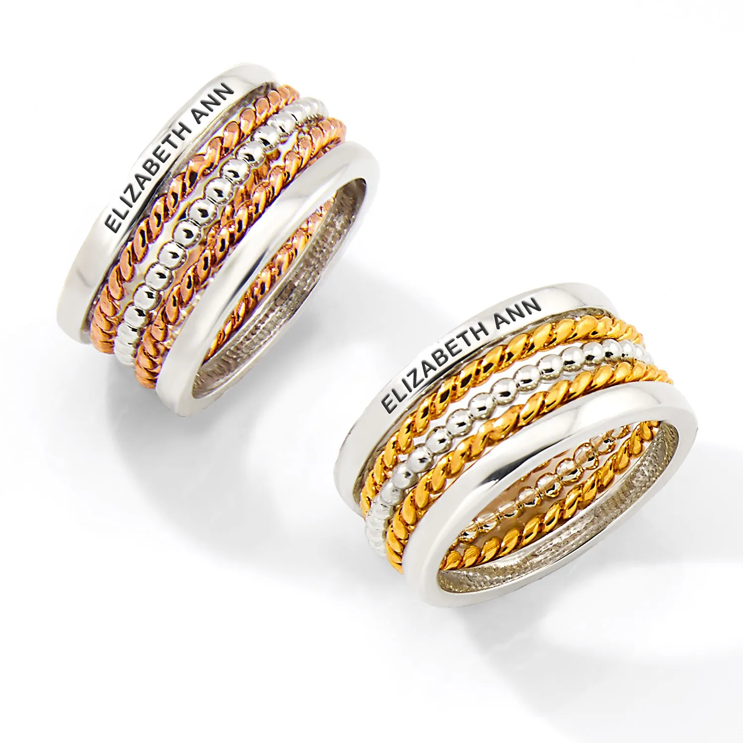 Two-Tone Silver and Rose Gold Plated Personalized Roped Stackable 5 Ring Set sold by Limoges Jewelry product image thumbnail 4