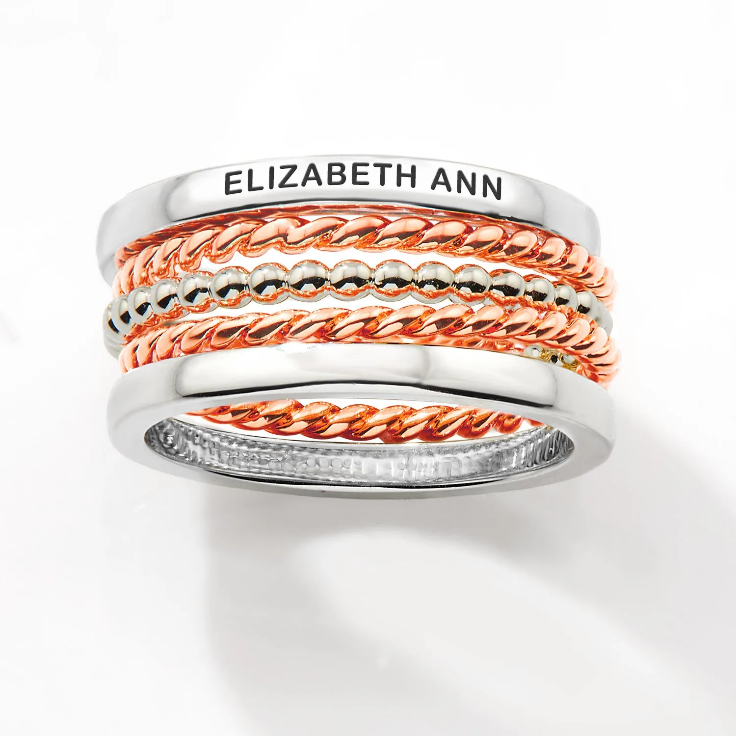 Two-Tone Silver and Rose Gold Plated Personalized Roped Stackable 5 Ring Set sold by Limoges Jewelry