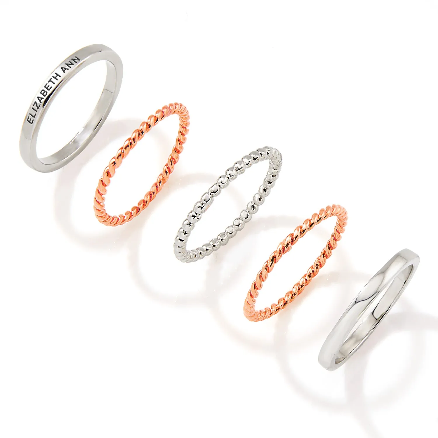 Two-Tone Silver and Rose Gold Plated Personalized Roped Stackable 5 Ring Set sold by Limoges Jewelry product image thumbnail 3