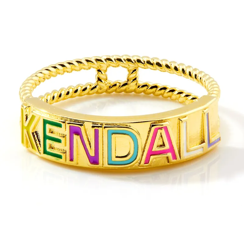 Gold Plated Enamel Name with Double Roped Band Ring sold by Limoges Jewelry