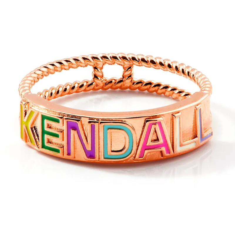 Rose Gold Plated Enamel Name with Double Roped Band Ring sold by Limoges Jewelry