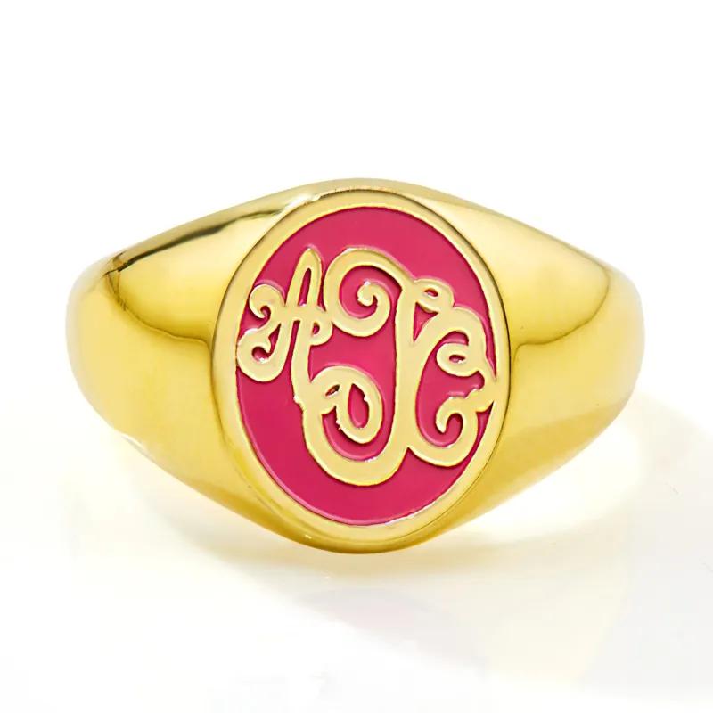 Gold Plated Birthmonth Enamel Script Monogram Signet Ring sold by Limoges Jewelry