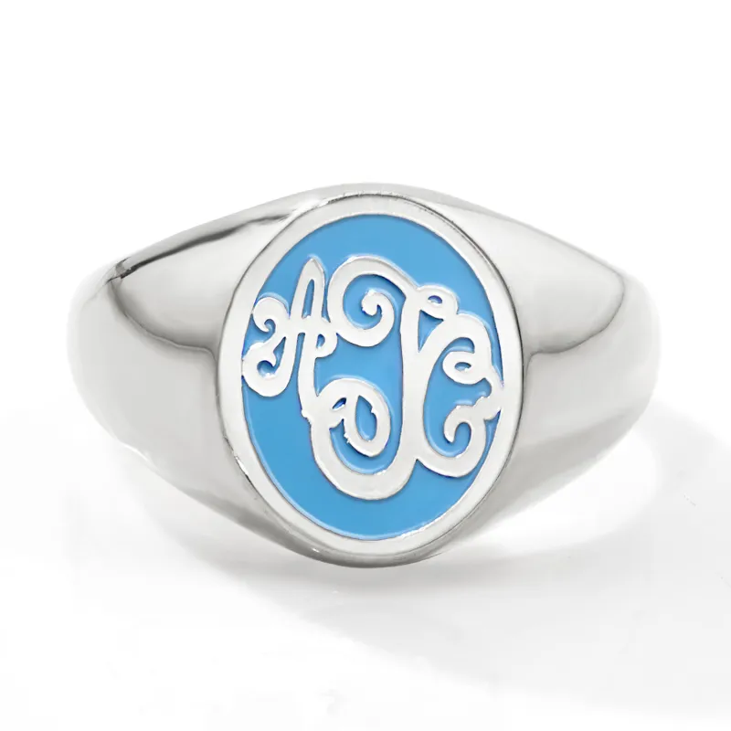 Silver Plated Birthmonth Enamel Script Monogram Signet Ring sold by Limoges Jewelry
