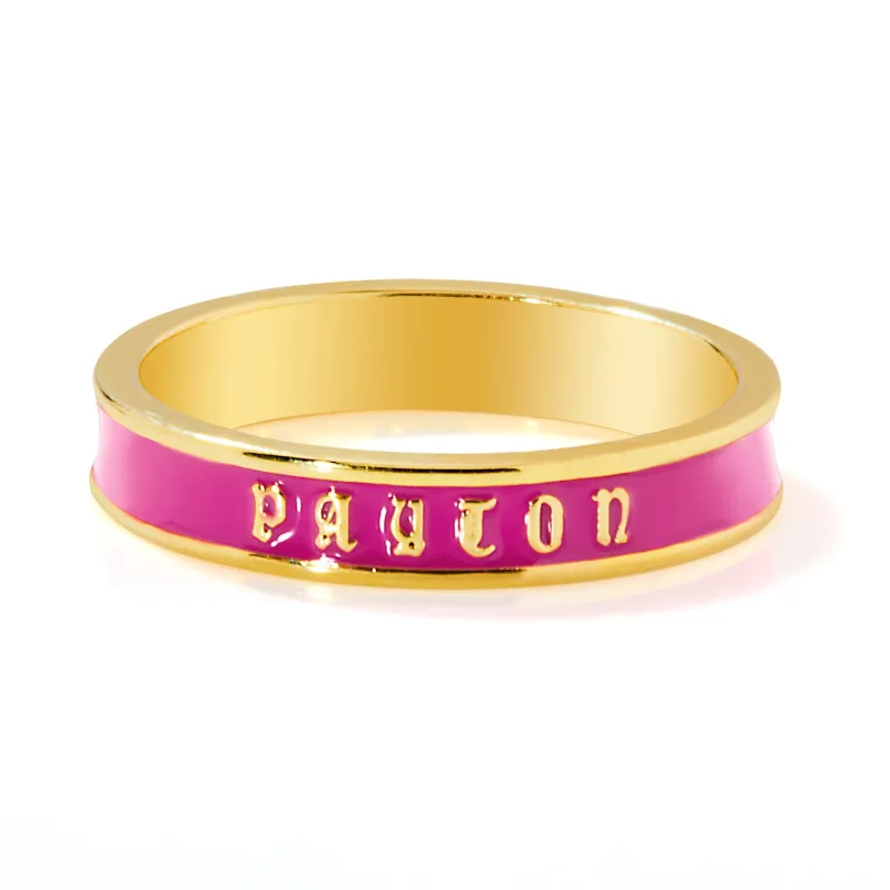 Gold Plated Birthmonth Enamel Old English Name Band Ring sold by Limoges Jewelry