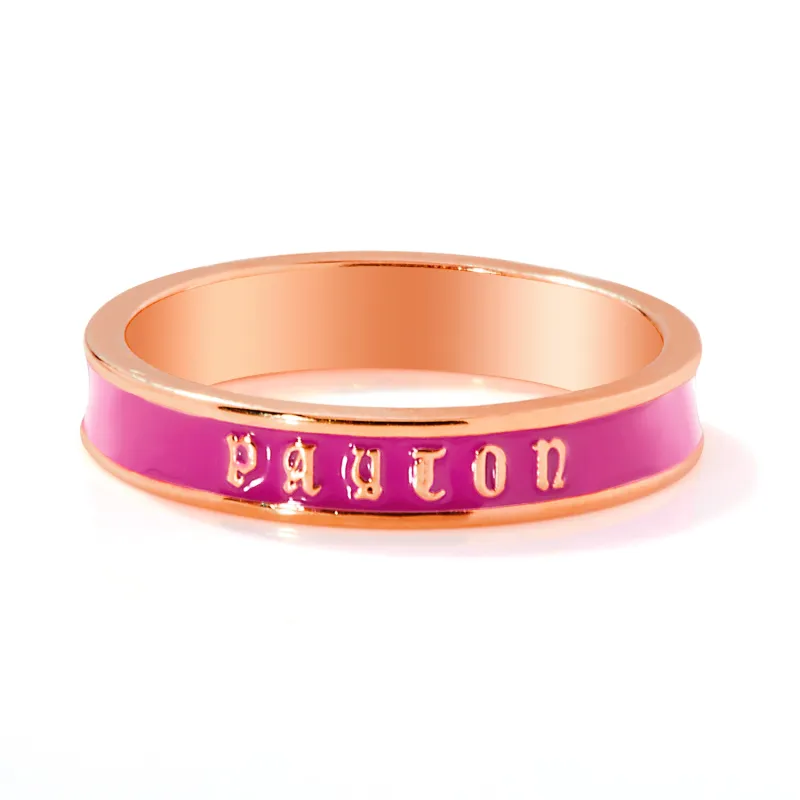 Rose Gold Plated Birthmonth Enamel Old English Name Band Ring sold by Limoges Jewelry
