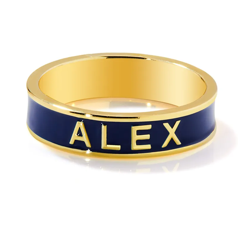 Gold Plated 4.5mm wide Birthmonth Enamel Name Band Ring sold by Limoges Jewelry