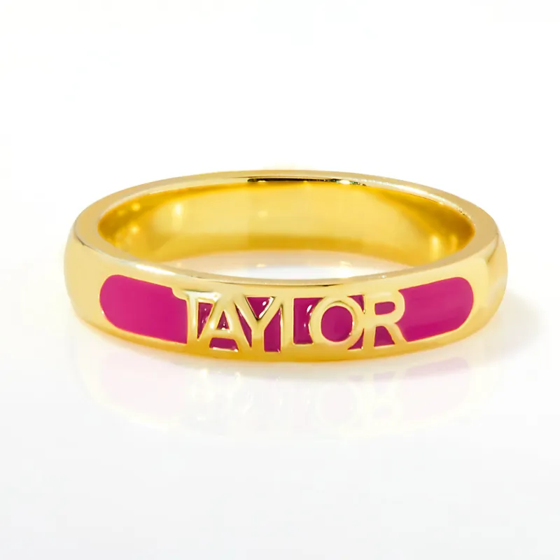 Gold Plated Birthmonth Enamel Name Rounded Band Ring sold by Limoges Jewelry