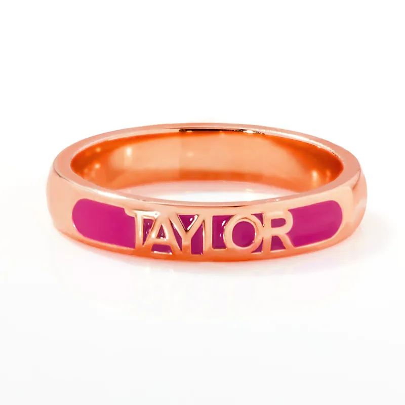 Rose Gold Plated Birthmonth Enamel Name Rounded Band Ring sold by Limoges Jewelry