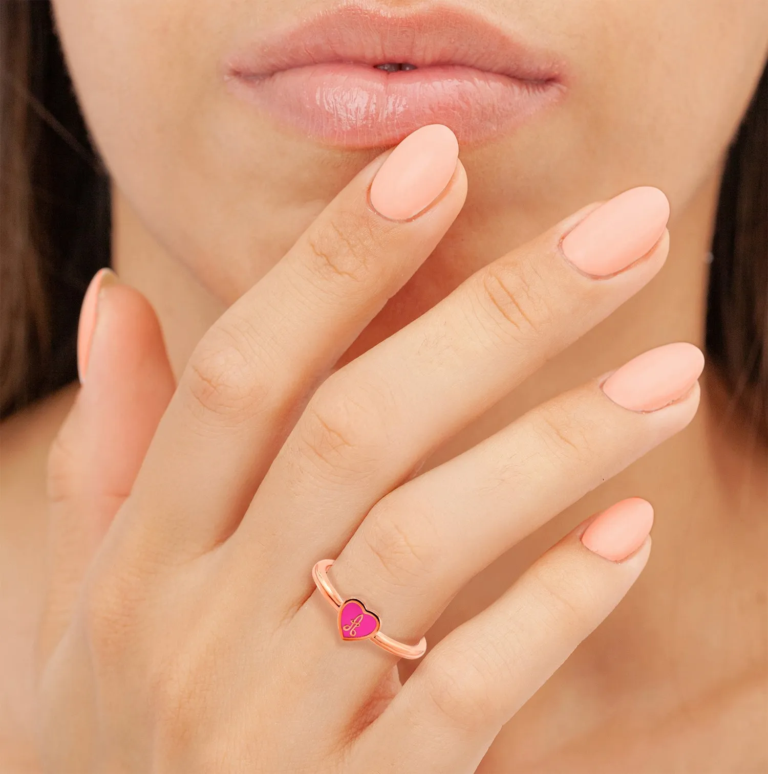 Rose Gold Plated Petite Enamel Heart and Script Initial Ring sold by Limoges Jewelry product image thumbnail 2