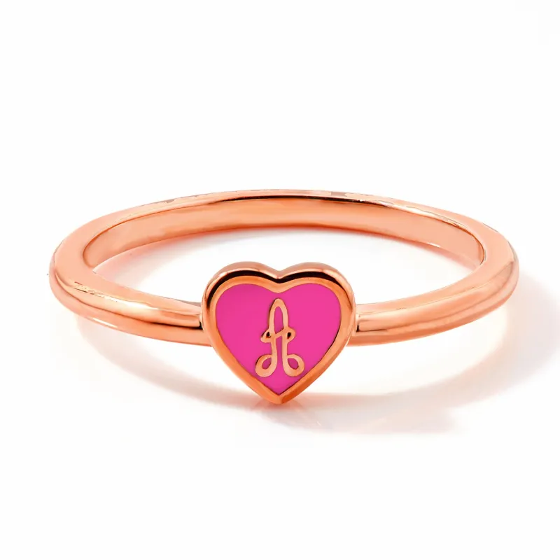 Rose Gold Plated Petite Enamel Heart and Script Initial Ring sold by Limoges Jewelry