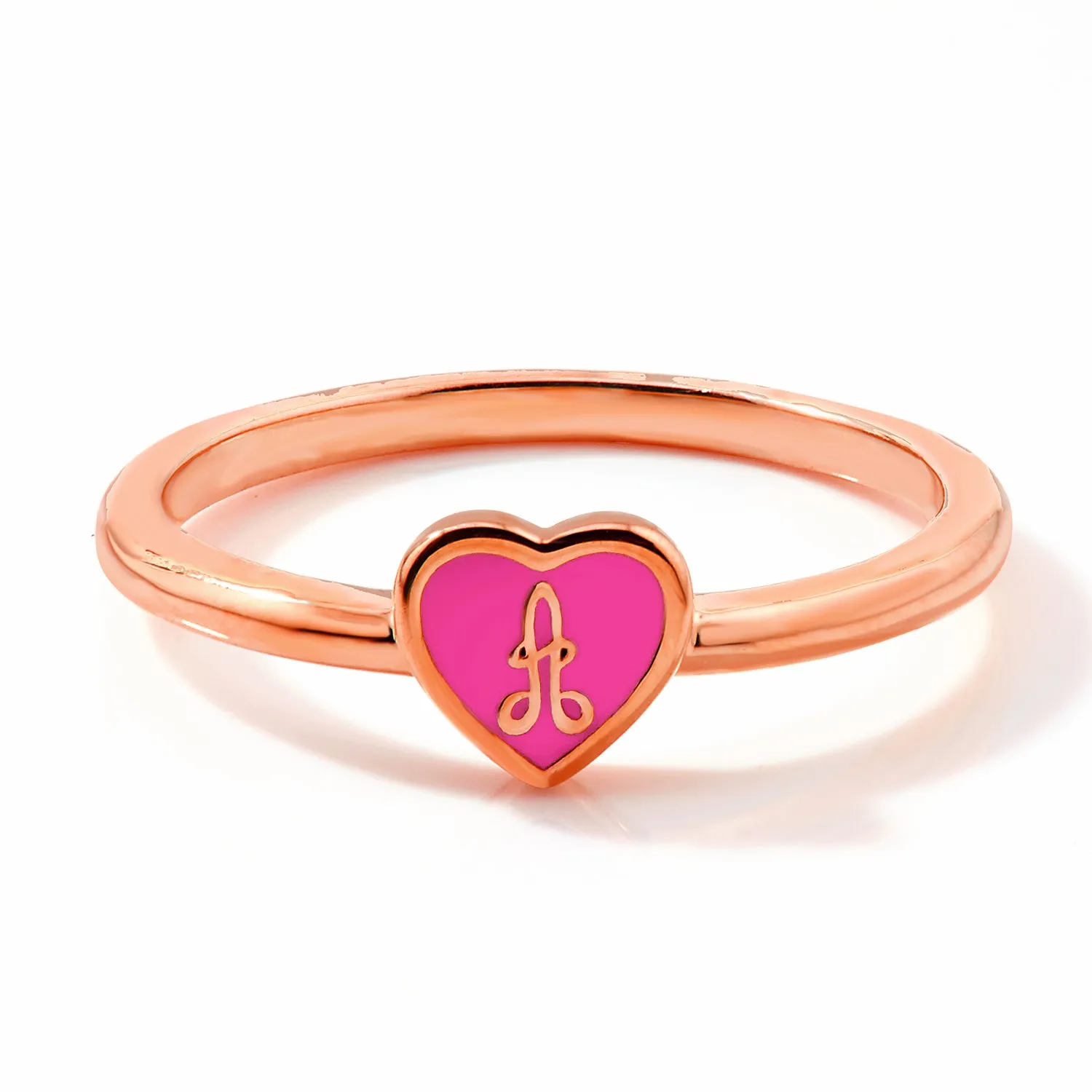 Rose Gold Plated Petite Enamel Heart and Script Initial Ring sold by Limoges Jewelry