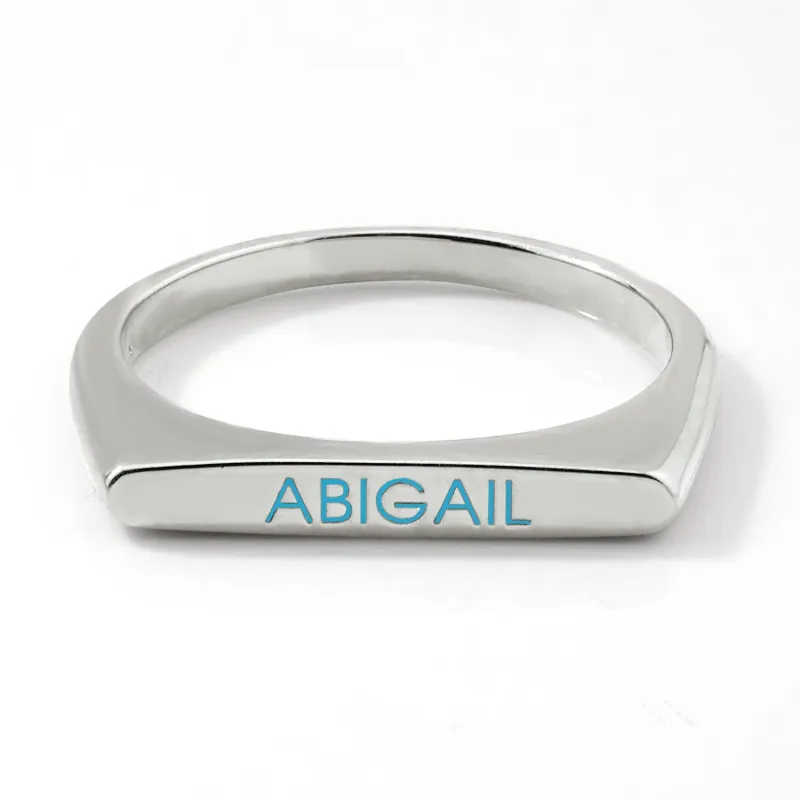 Silver Plated Birthmonth Enamel Name Rectangular Stackable Ring sold by Limoges Jewelry