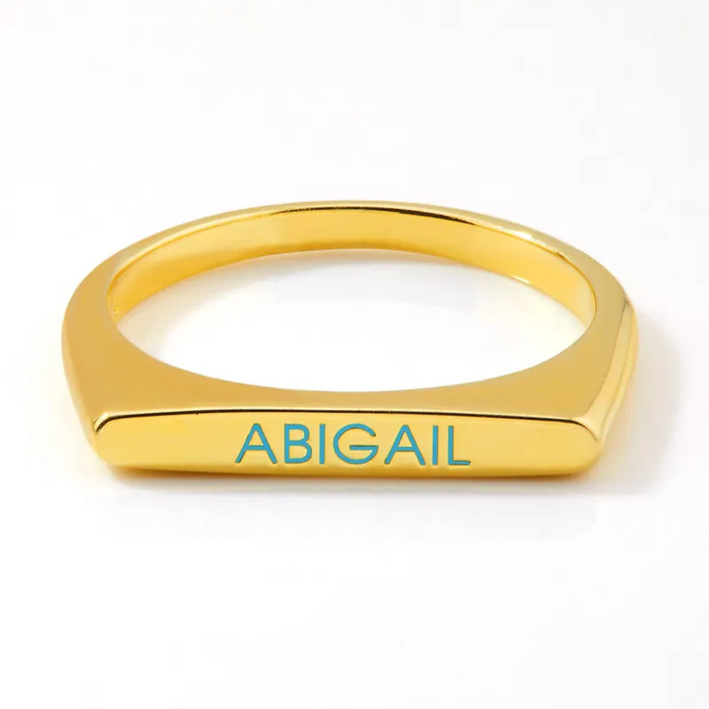 Gold Plated Birthmonth Enamel Name Rectangular Stackable Ring sold by Limoges Jewelry