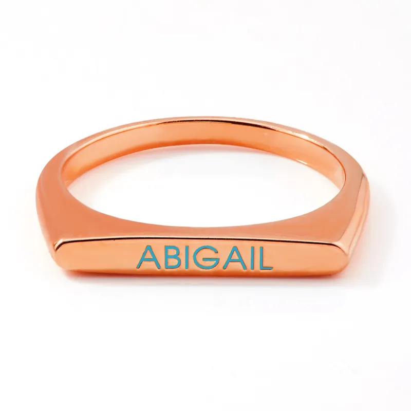 Rose Gold Plated Birthmonth Enamel Name Rectangular Stackable Ring sold by Limoges Jewelry