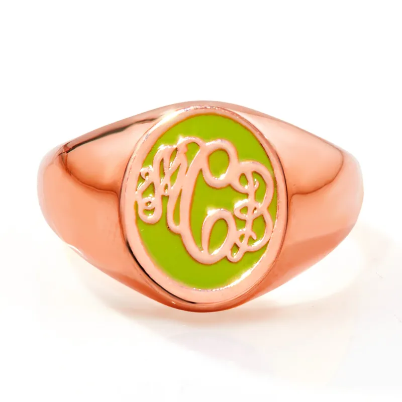 Rose Gold Plated Birthmonth Enamel Script Monogram Signet Ring sold by Limoges Jewelry