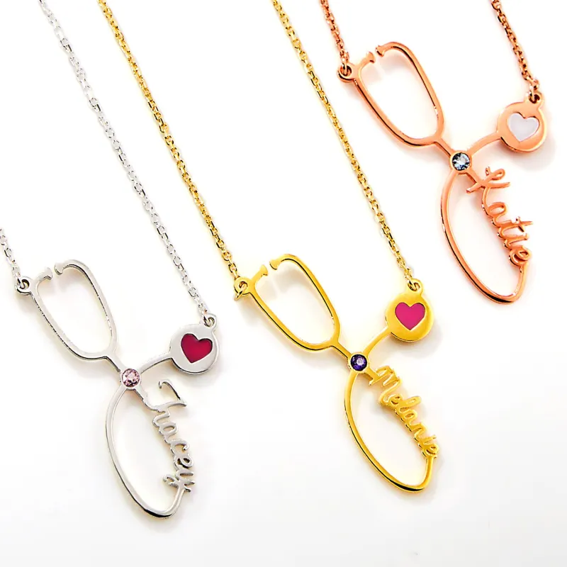 Sterling Silver Birthstone & Enamel Heart Script Name Stethoscope Necklace sold by Limoges Jewelry