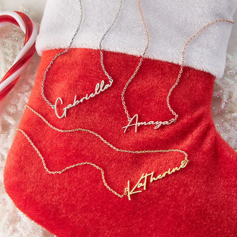 Sterling Silver Script Name Plaque with Free Stocking sold by Limoges Jewelry