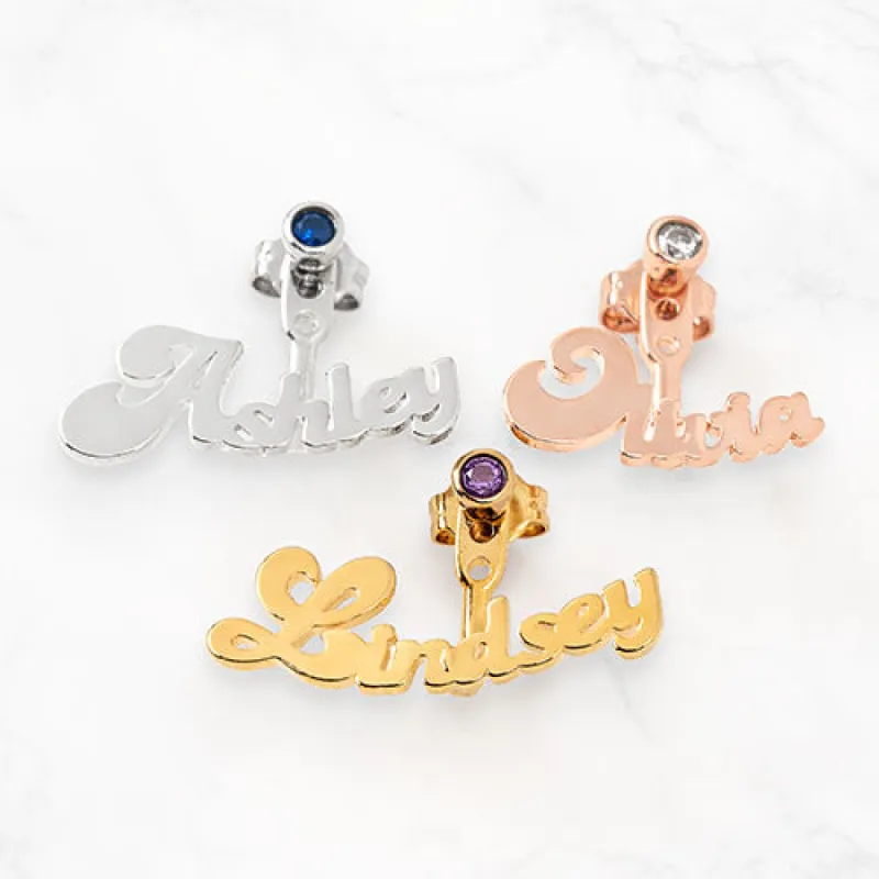 Plated Bubble Script Name and Birthstone Front/ Back Earrings sold by Limoges Jewelry