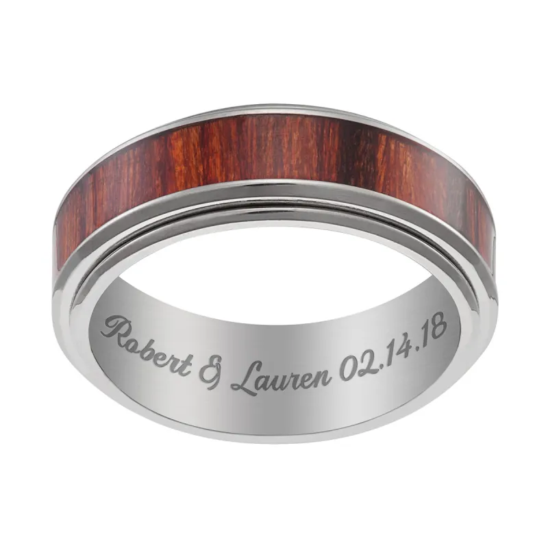 Stainless Steel Men's Engraved Wood Spinner Band sold by Limoges Jewelry