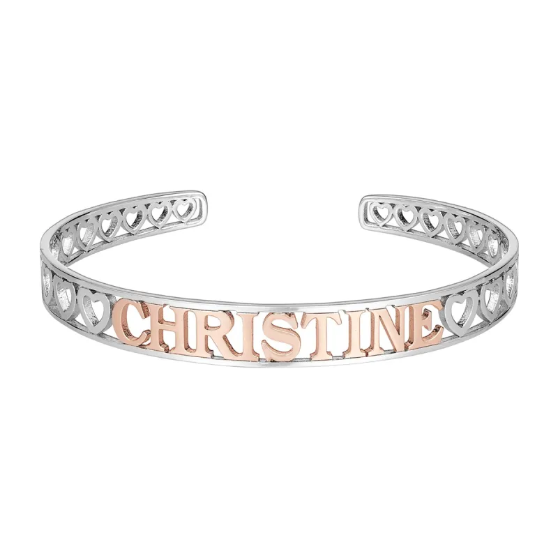 Two-Tone Sterling Silver and 14K Rose Gold Plated Name Cuff with Hearts sold by Limoges Jewelry