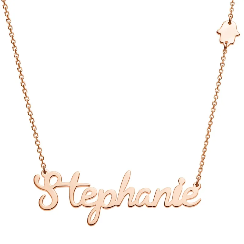 14K Rose Gold Plated Script Name with Hamsa Hand Station Necklace sold by Limoges Jewelry