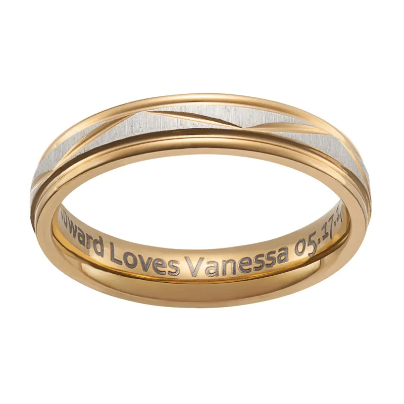 Stainless Steel Ladies Engraved Diamond-cut Wedding Band sold by Limoges Jewelry