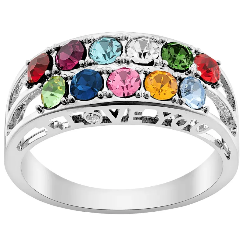 Silver Plated I Love You Family Birthstone and Diamond Accent Ring with Free Pearl Earrings - Pierced sold by Limoges Jewelry