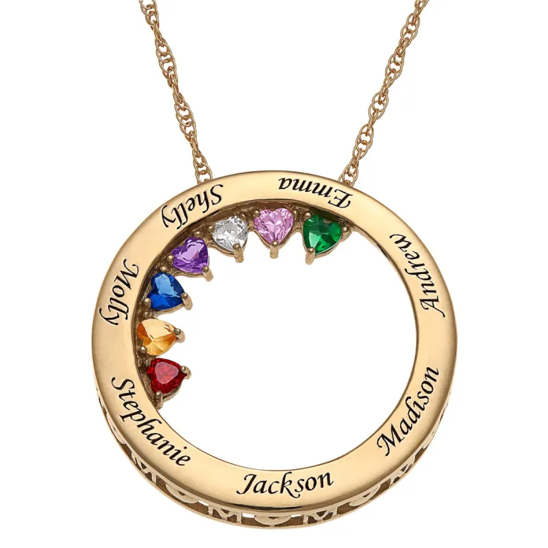 14K Gold over Sterling MOM Engravable Names and Birthstones Circle Pendant sold by Limoges Jewelry