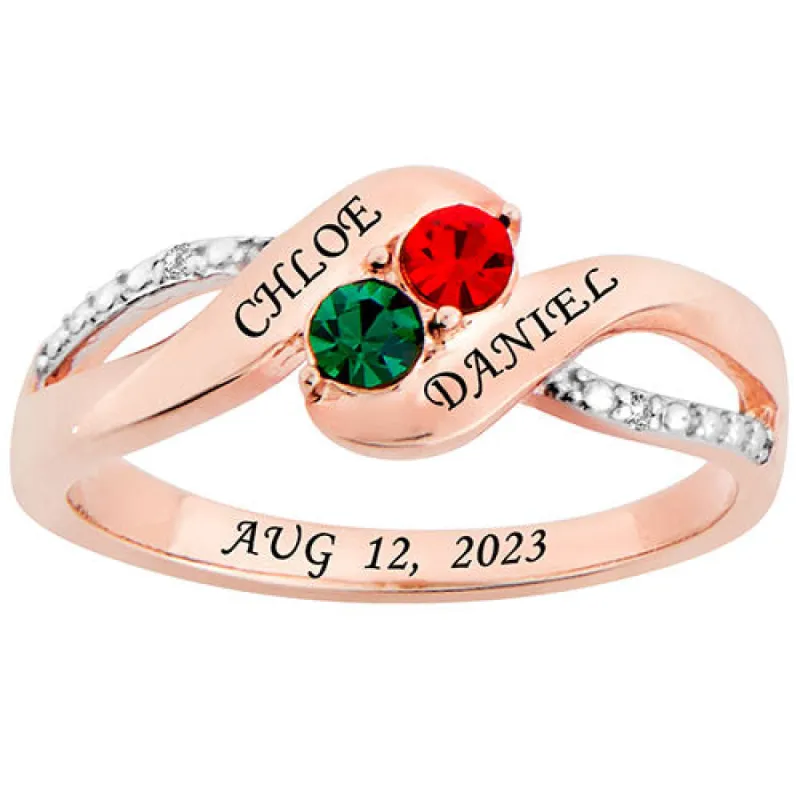14K Rose Gold over Sterling Couple's Birthstone Bypass Diamond Accent Ring sold by Limoges Jewelry