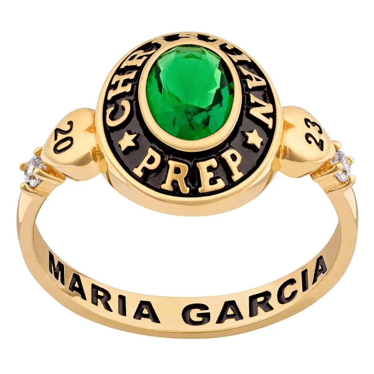 Ladies' 14K Gold over Sterling Oval Birthstone with CZ and Hearts Class Ring sold by Limoges Jewelry