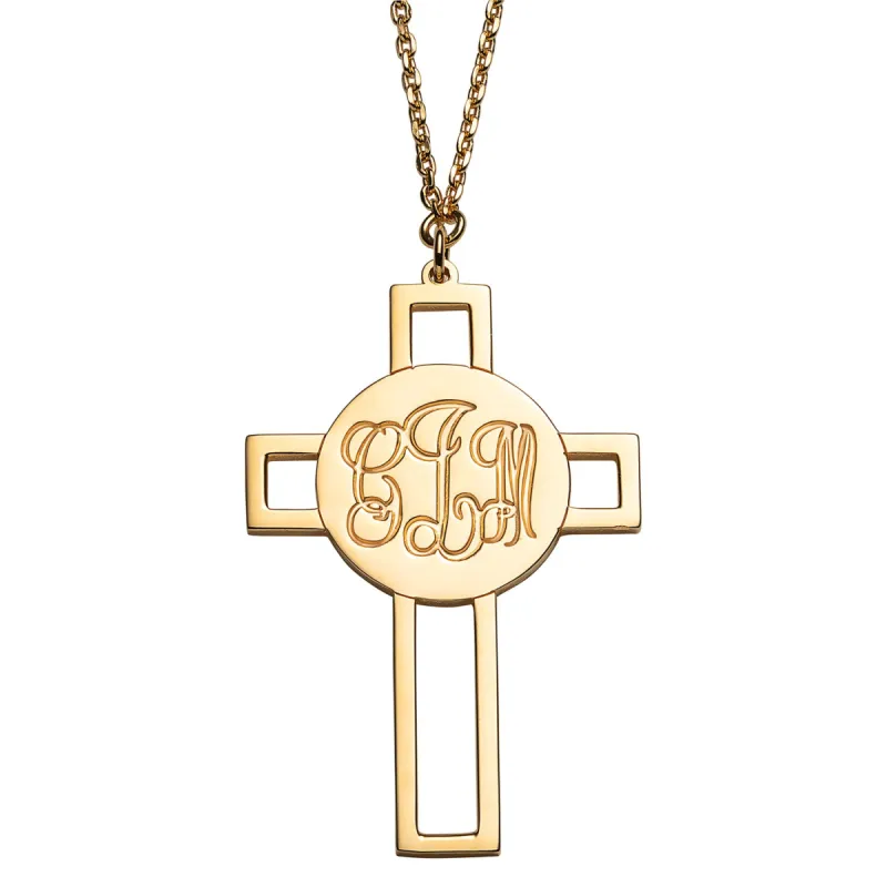 14K Gold over Sterling Engraved Monogram Cross Necklace sold by Limoges Jewelry