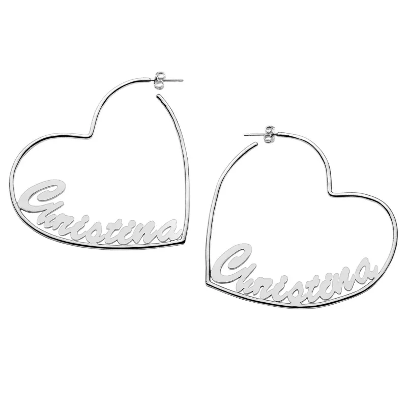 Silver Plated Personalized Script Nameplate Large Heart Hoop Earrings sold by Limoges Jewelry