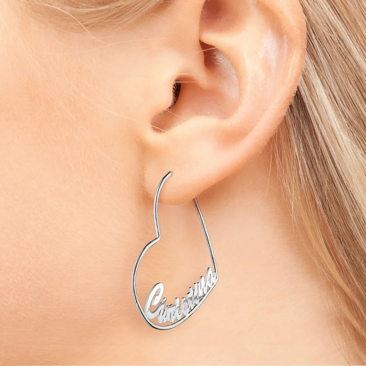 Silver Plated Personalized Script Nameplate Large Heart Hoop Earrings sold by Limoges Jewelry product image thumbnail 2