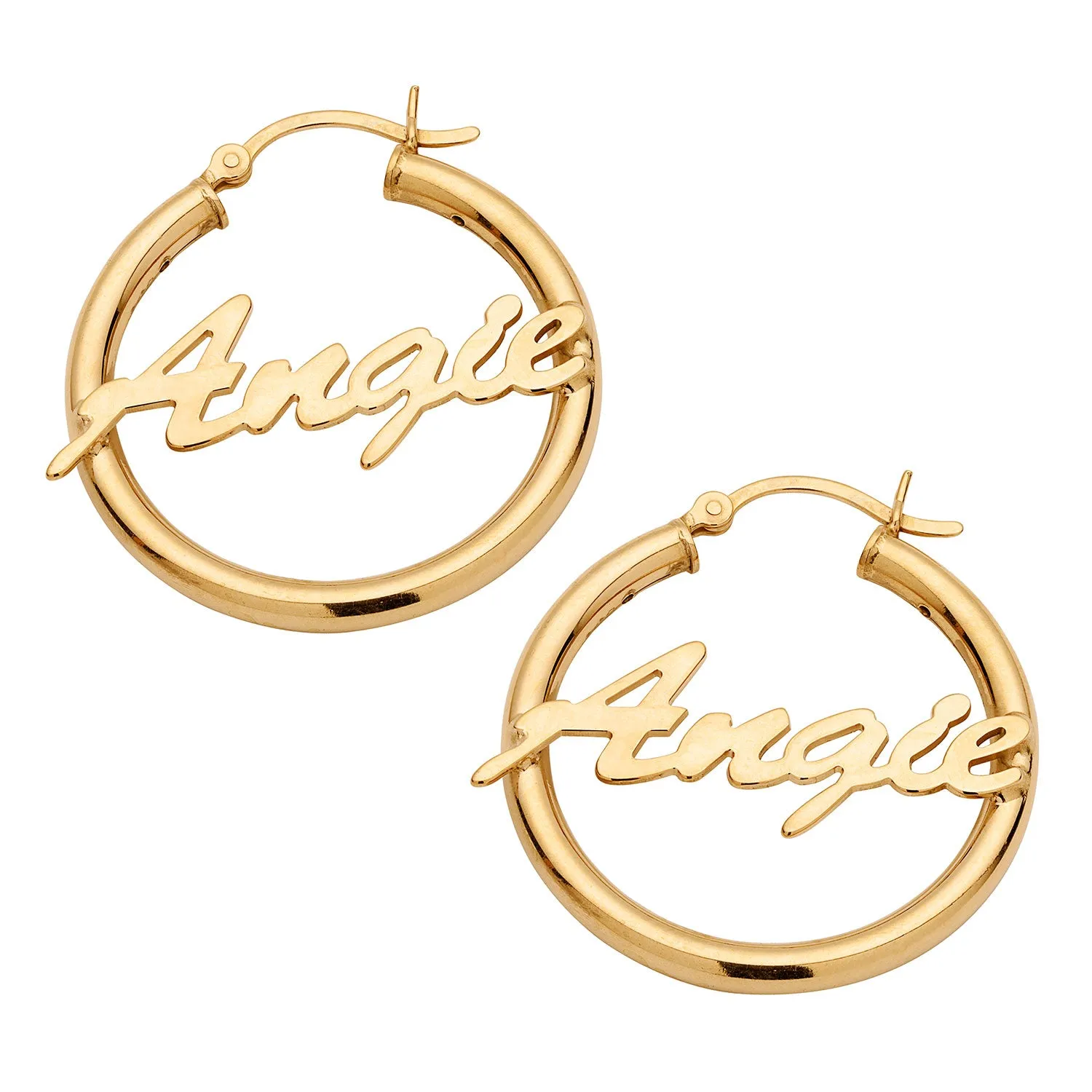 18K Gold Over Sterling Script Name Hoop Earrings sold by Limoges Jewelry