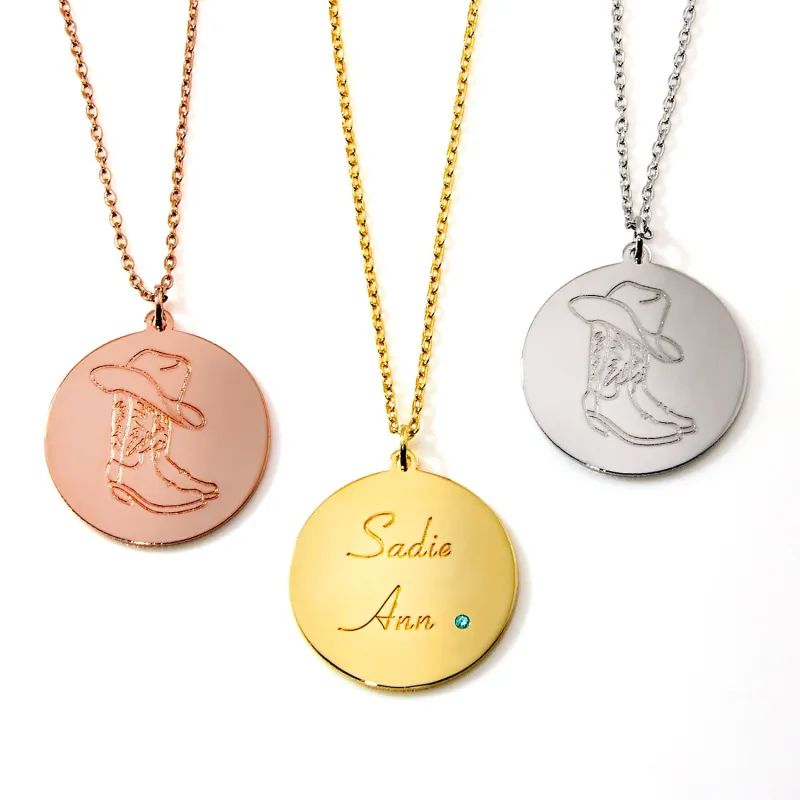 Personalized Cowboy Hat and Boot Disc Necklace with Birthstone made by Limoges Jewelry