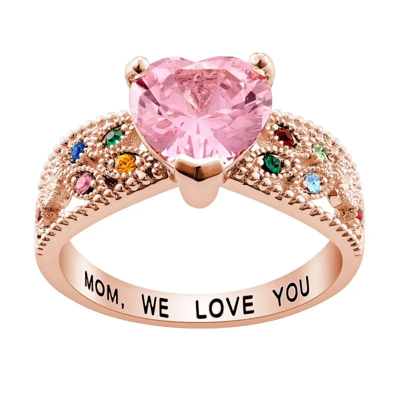 14K Rose Gold Plated Mother's Heart Family Birthstone Ring sold by Limoges Jewelry